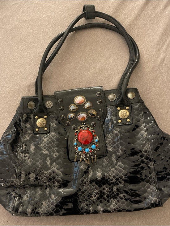 Sharif Handbags - Black Embossed Patent Tote with Decorative Gem Accent